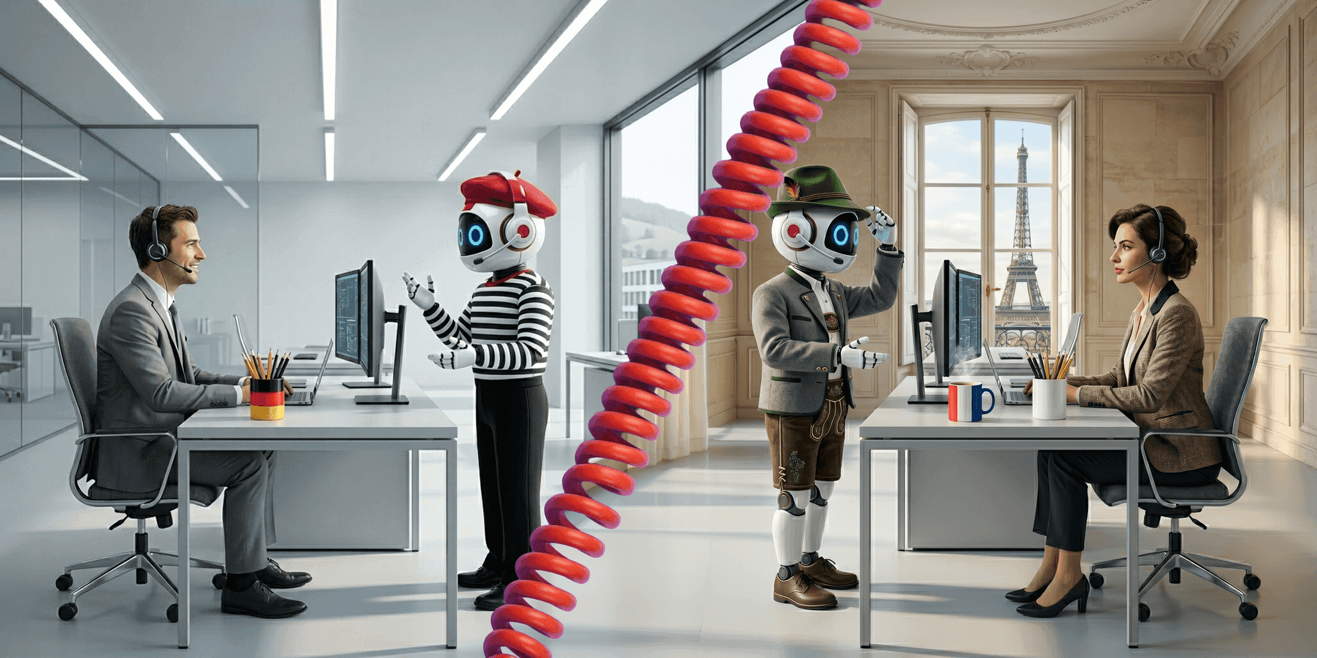 Two callers on a single live call, each accompanied by a Translation Agent that interprets the other side in real time.